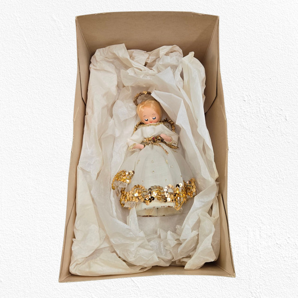 Vintage 1960s Japan Angel Tree Topper Gold Sequin Tulle Dress 8” Christmas Decor - Picture 9 of 10